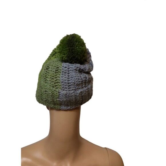 HAND Made Pom Pom On Top  One size fits Most (Adult) Gray Green Blue Acrylic Yar - Picture 2 of 3